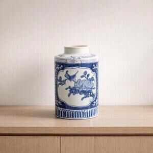 Vintage Blue & White Hand Painted Porcelain Vase – Mid Century Chinoiserie 8.5”